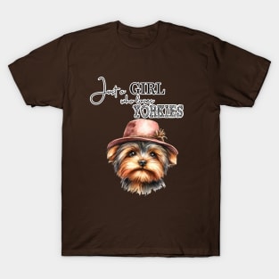 Just a Girl Who Loves Yorkies cute Yorkie dog with hat watercolor art T-Shirt